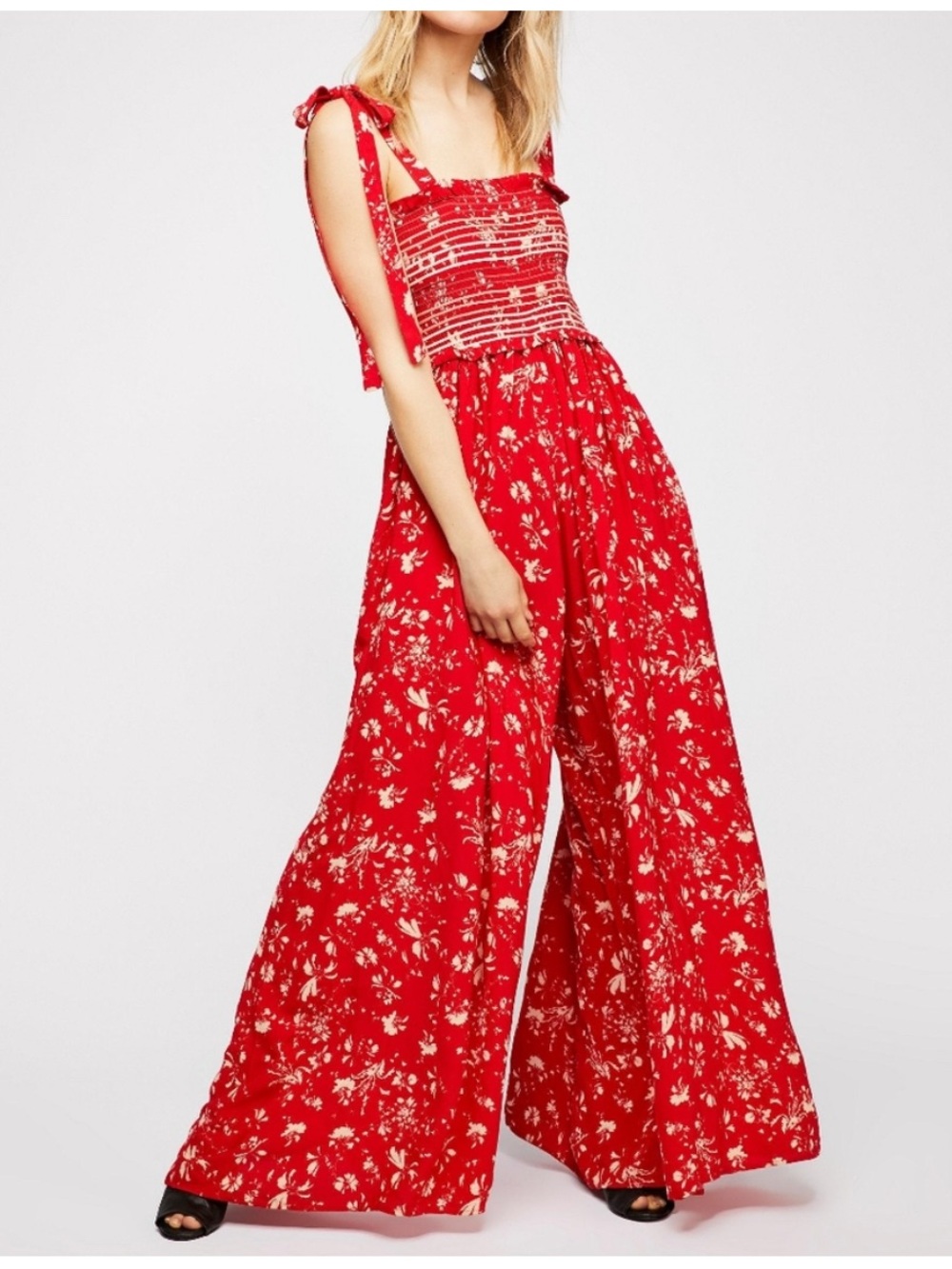 Free People Red Floral Wide Leg Jumpsuit XS Boho Tie Strap Smocked